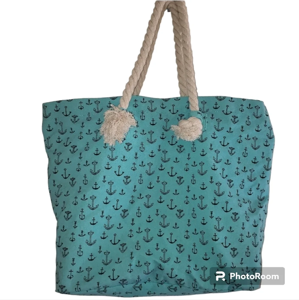 Beachy teal tote bag with black anchors and rope handles, large